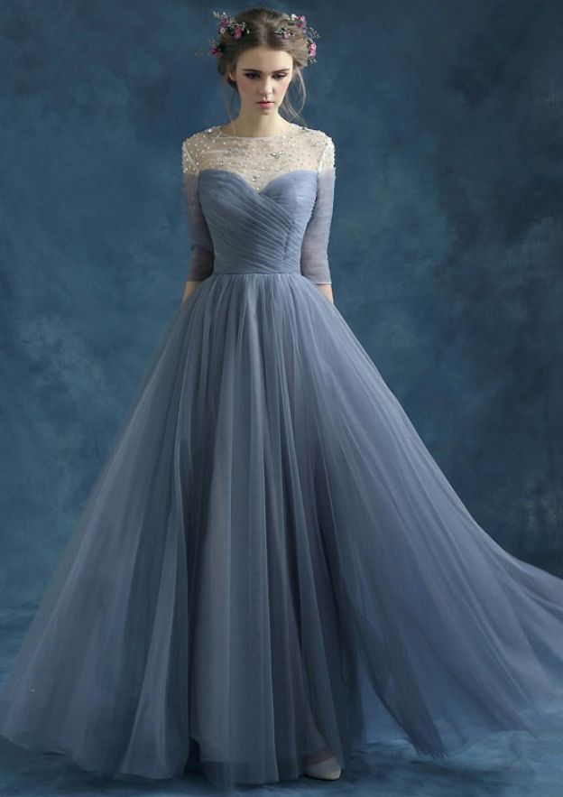 Tulle Prom Dress A-Line/Princess Bateau Long/Floor-Length With Beaded