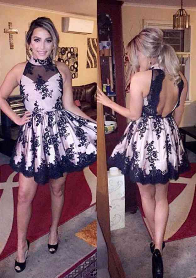 A-Line/Princess Spaghetti Straps Lace Tea-Length Cocktail Dresses