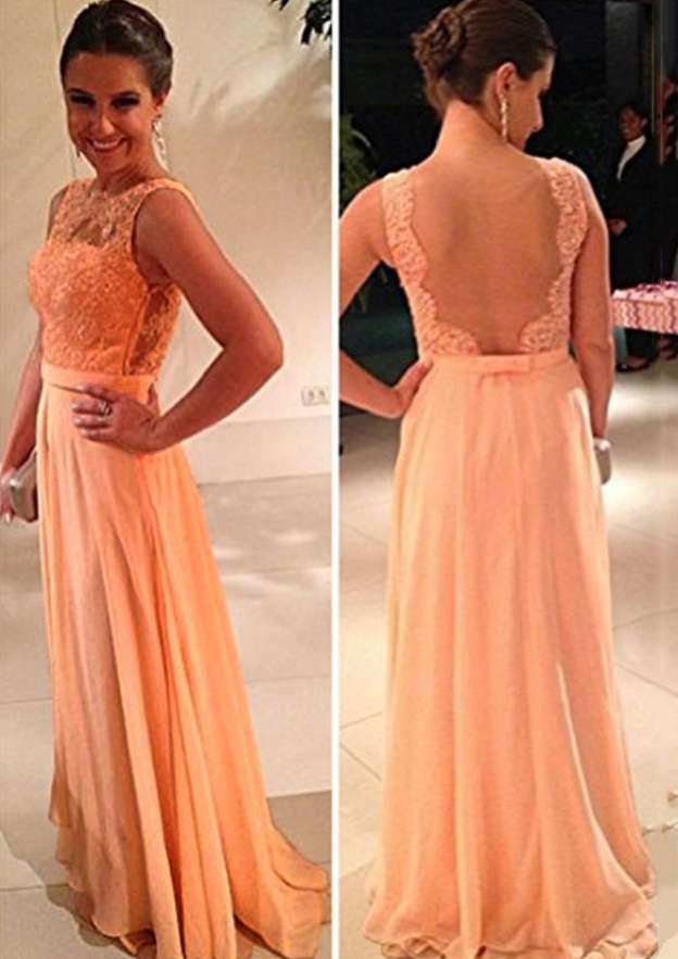 A-line Bateau Strap Sweep Train Crisscross Back Chiffon Prom Dress, Sequins