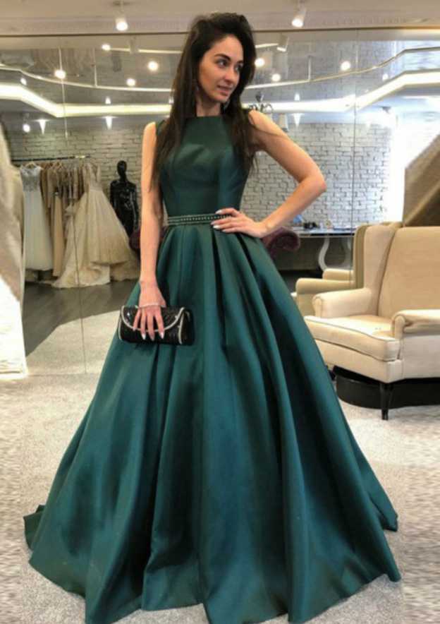 Sleeveless Bateau A-line/Princess Court Train Satin Prom Dress With Beading Waistband - Prom Dresses - Stacees Sleeveless Bateau A-line/Princess Court Train Satin Prom Dress With Beading Waistband - Prom Dresses - Stacees