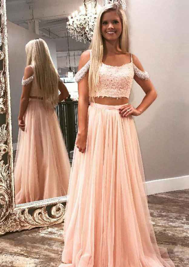 A Line Bateau Floor Length Sleeveless Tulle Prom Dress LBQ0498