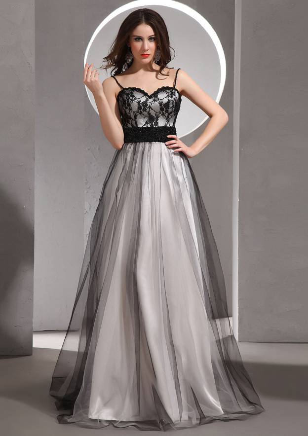strapless open back dress A-Line Tulle Satin Black/White Long Prom Dress. Black Long Formal Dress US 2 / Black/White main image 1
