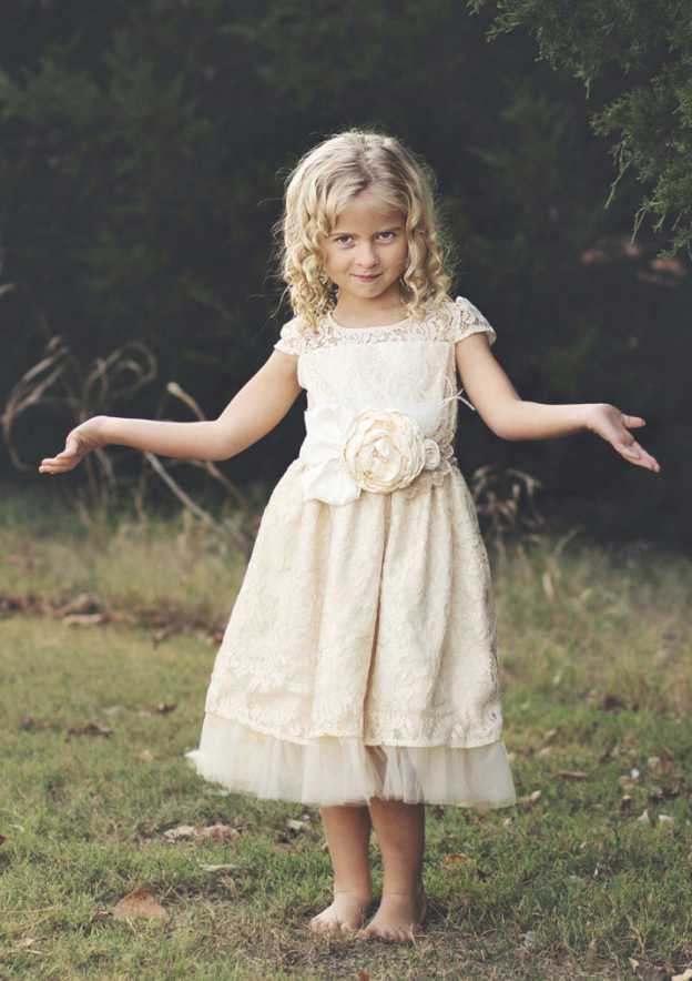 chinese dress ladies Vintage Lace Princess Flower Girls Dress Short Sleeve First Communion Dresses for Girls Beige / 10 main image 0