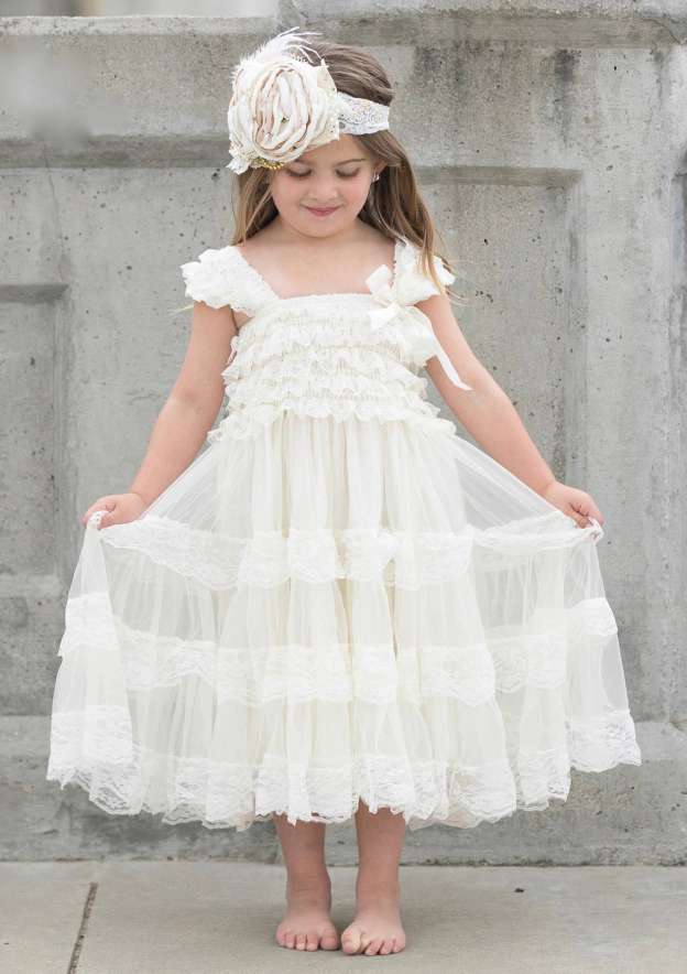 Girls Floral Lace Fabric Ruffled Square Neck Dress main image 1