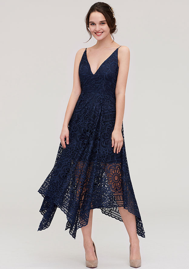A-line V-Neck Sleeveless Hi Low Tea-Length Navy Satin Bridesmaid Dress