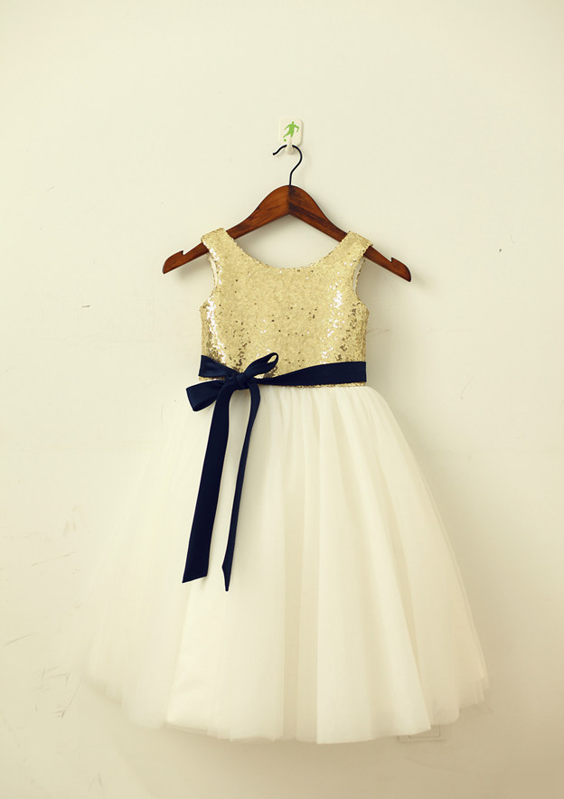 Scoop Neckline Knee-Length Satin/Tulle Flower Girl Dress Sage
