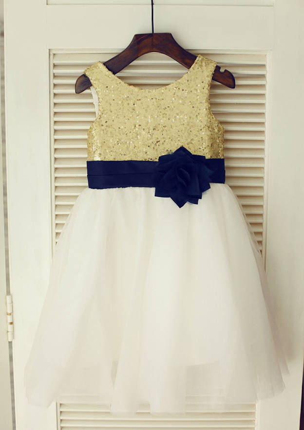 A-Line Knee Length Sleeveless Jewel Neck Flower Girl Dress Satin Tulle With Appliques Ruching