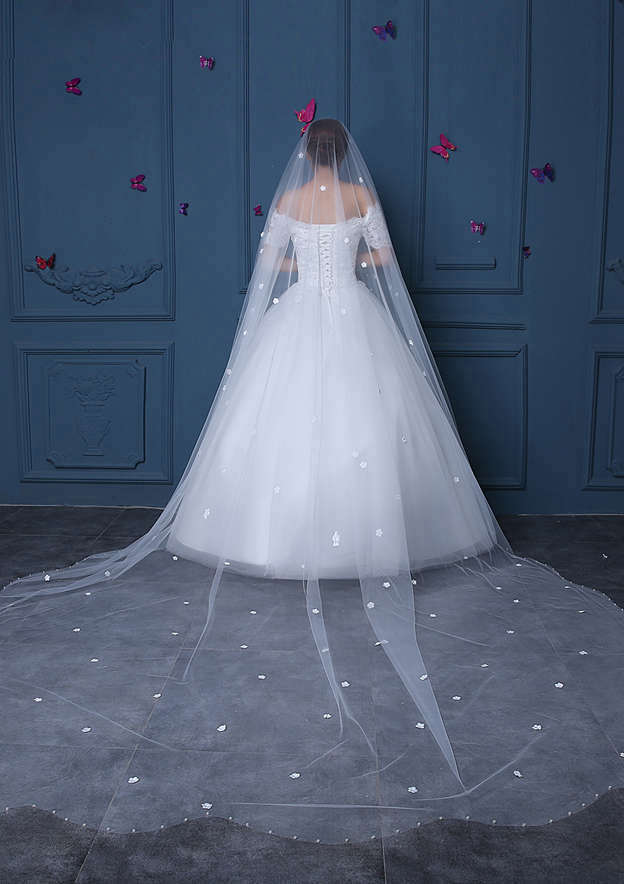 One-tier Cut Edge Tulle Cathedral Veils with Flower CV0208 main image 0