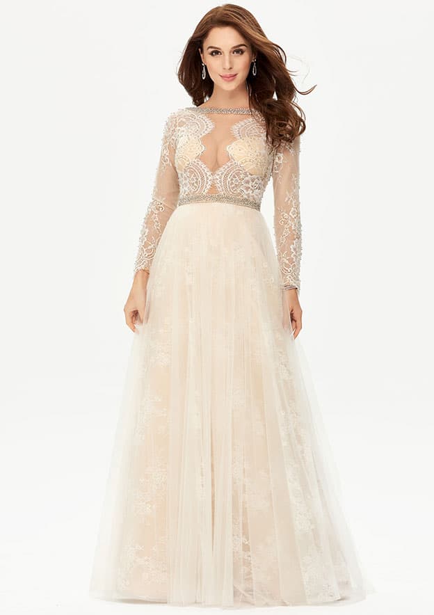 beige long sleeve prom dress Odette Cream Long Sleeve Formal Maxi Dress - US 16