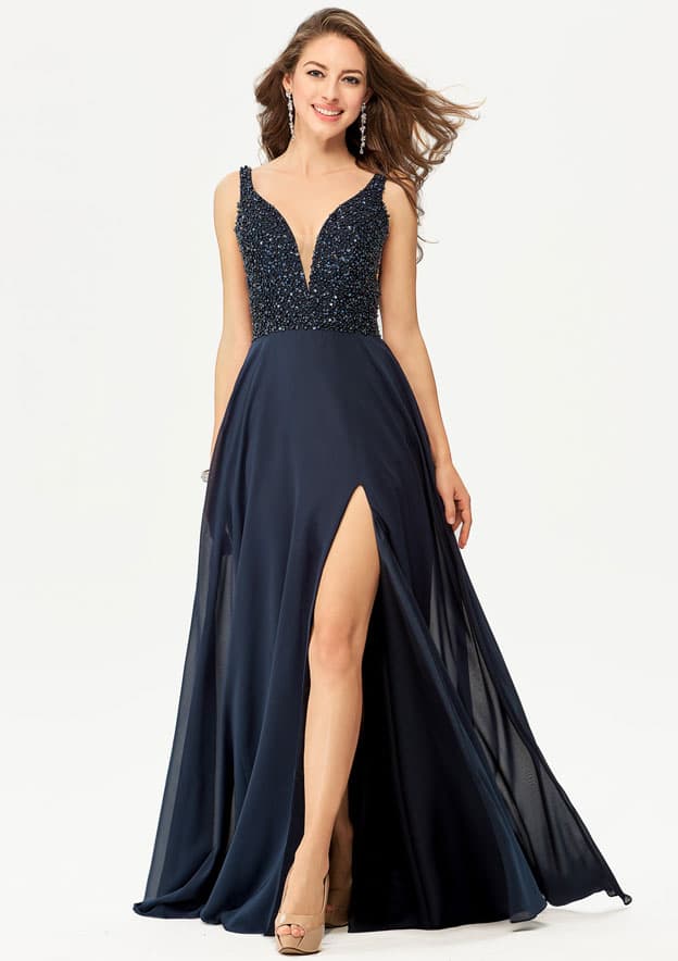 A Line Gold V Neck Sequin Sweep Train Prom Dress LBQ2385 main image 1