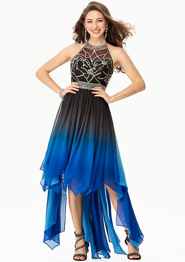 A Line Halter Sleeveless Blue Backless Satin Prom Dress LBQ2808 main image 1