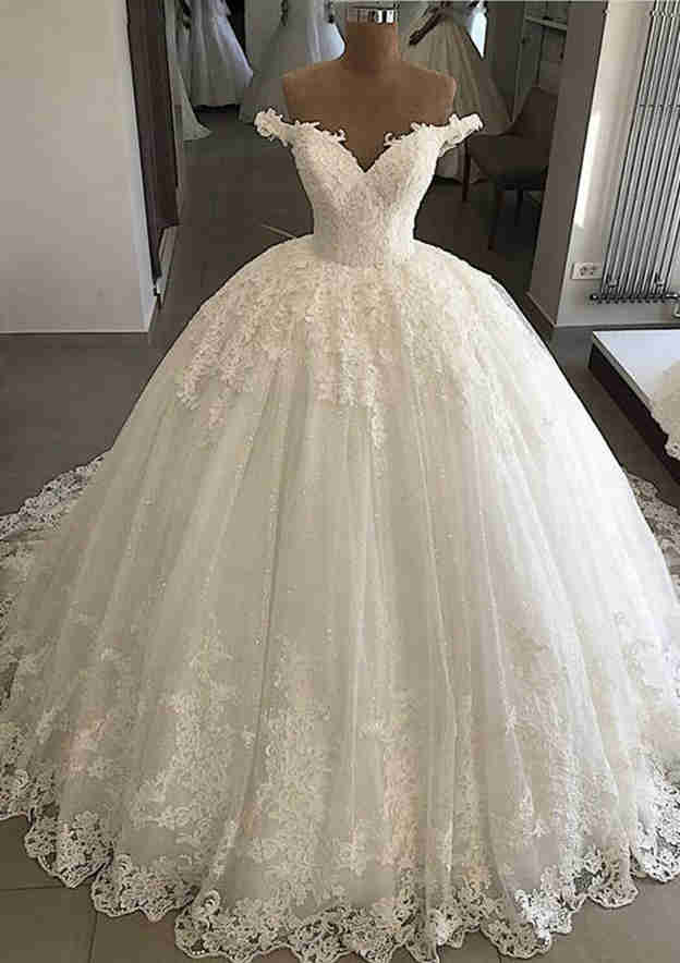 Long Sleeves Off-the-Shoulder Ball Gown Court Train Wedding Dresses, WD0403