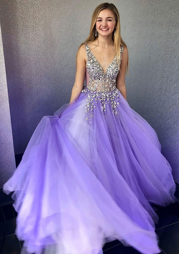 Tulle Prom Dress A-line/Princess Long/Floor-Length Sleeveless With Beading Sequins