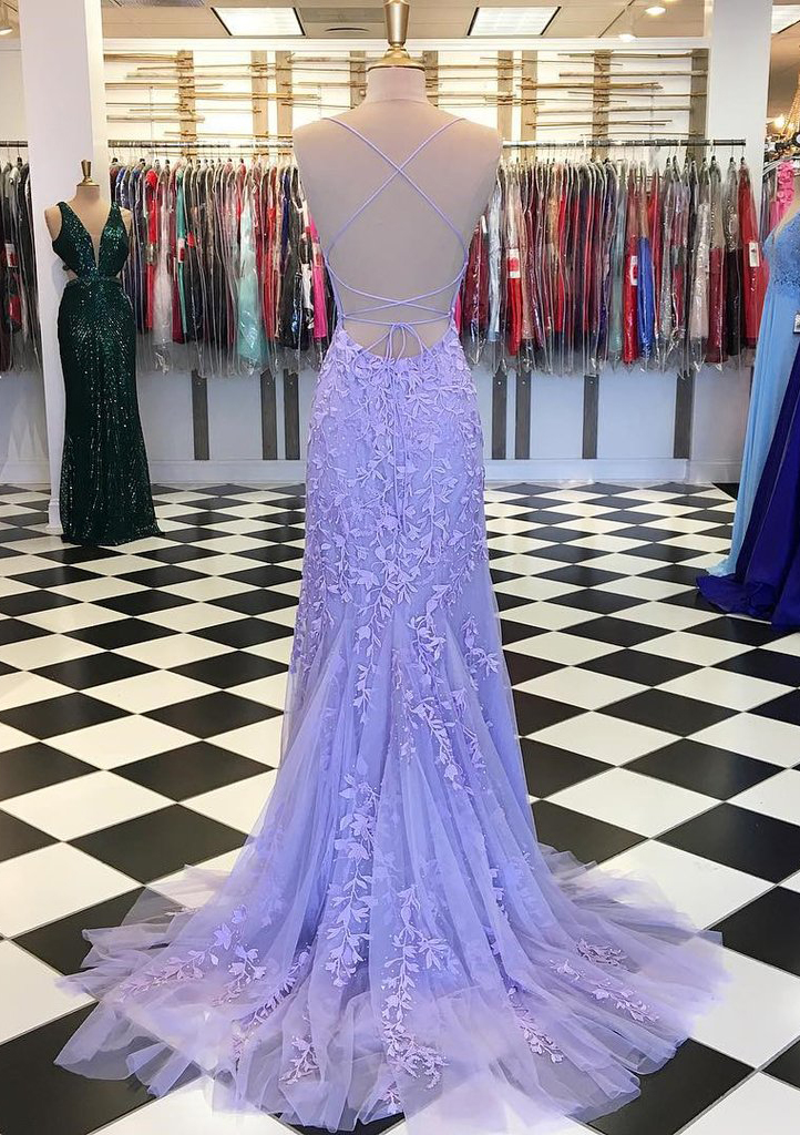 Mermaid Scoop Neck Sweep Train Lace Prom Dress With Crystal