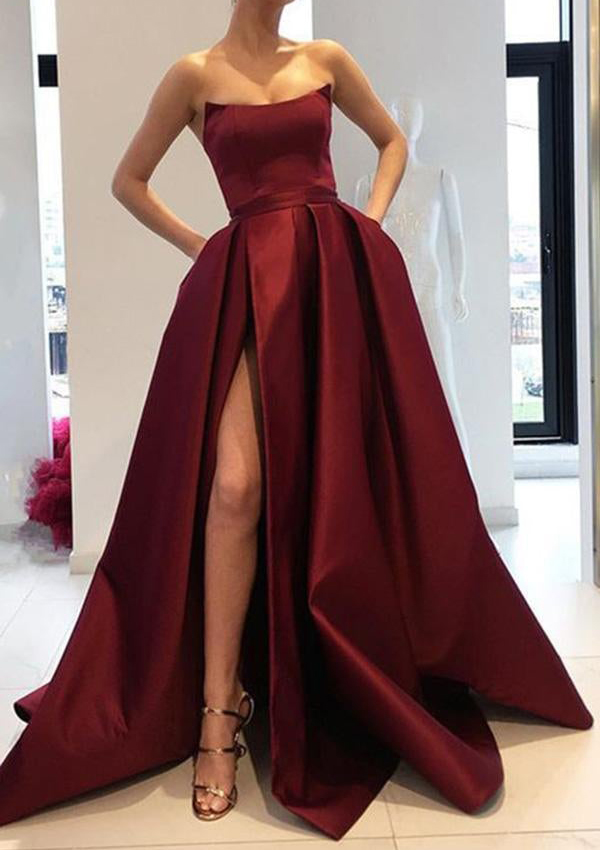 A-line Square Neckline Long/Floor-Length Satin Prom Dress With Pockets Split
