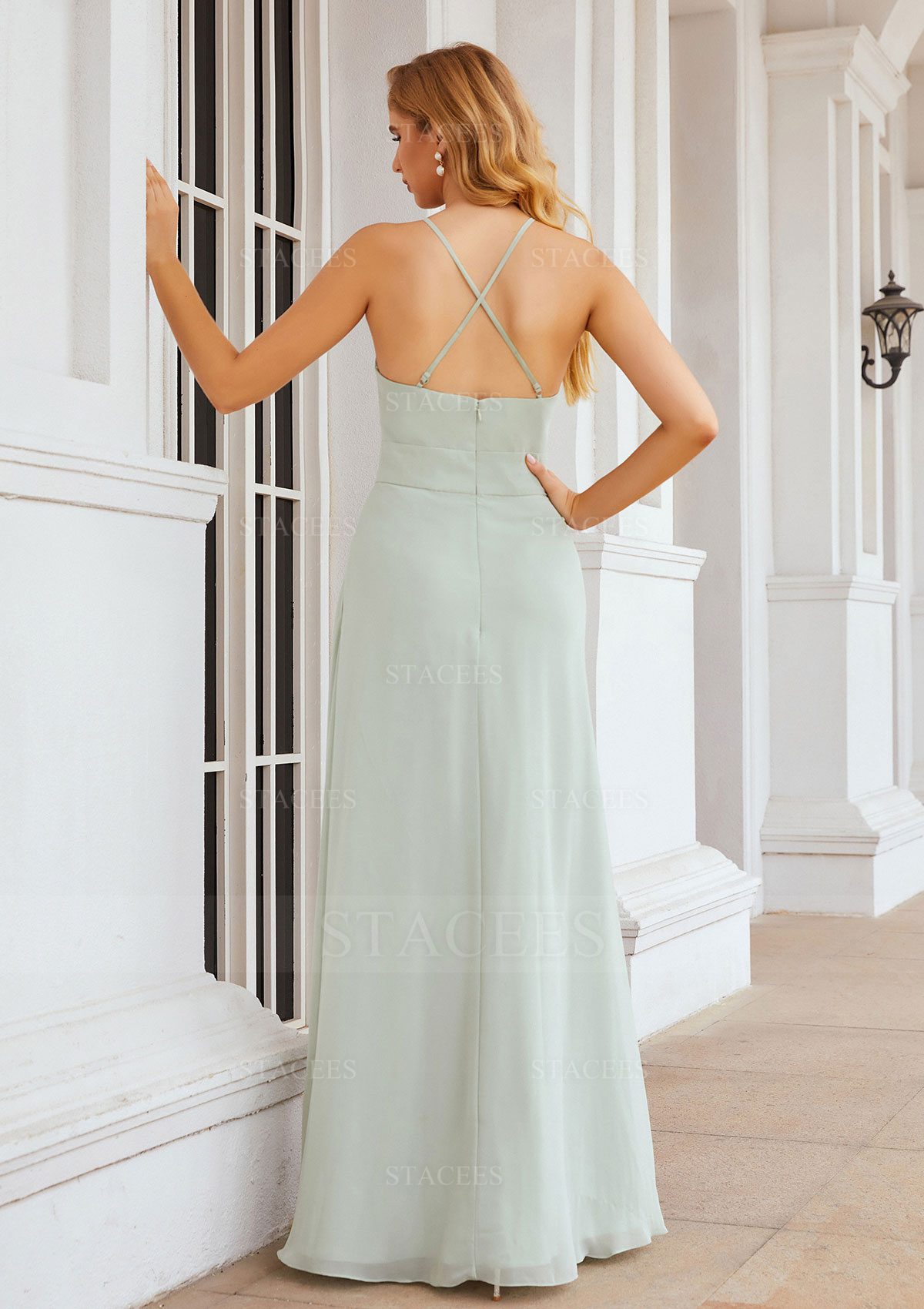 a-line scoop floor-length chiffon bridesmaid dress Dani Modest A-Line Scoop Ruched Floor Length Chiffon Bridesmaid Dresses, Dusty Blue main image 1