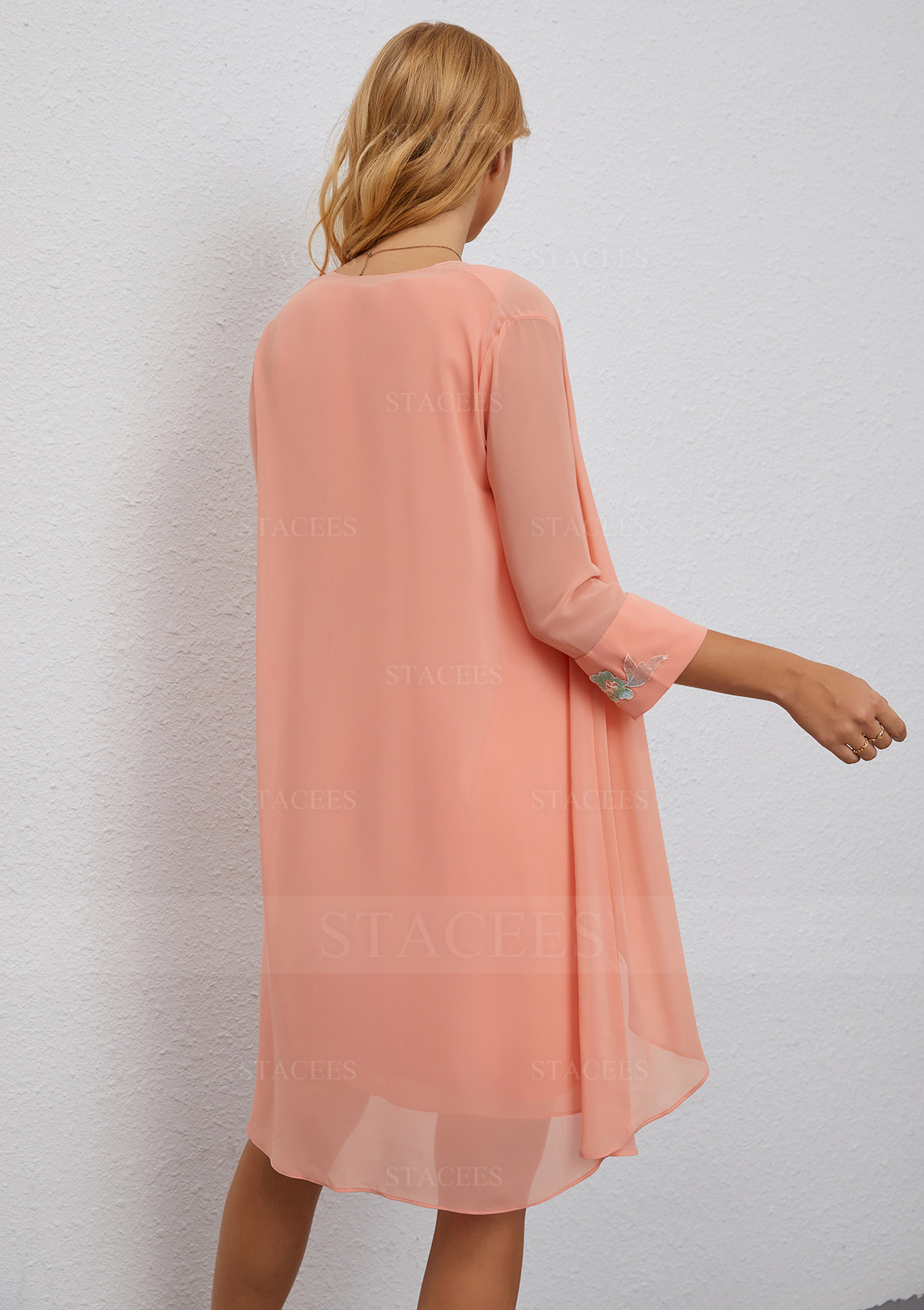 A-line Scoop Neck Chiffon Knee-Length Mother of the Bride Dress With  Embroidery and Long Sleeves Jacket - Mother of the Bride Dresses - Stacees