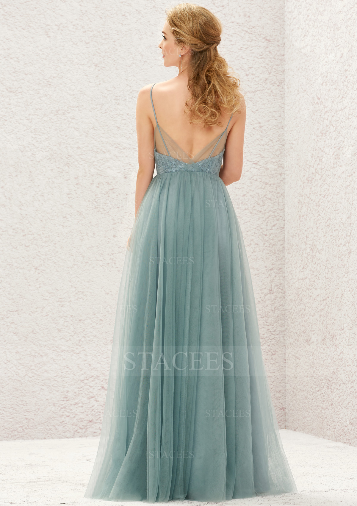 Princess A-line V Neck Sleeveless Tulle Long/Floor-Length Bridesmaid Dress  With Pleated Appliqued - Bridesmaid Dresses - Stacees
