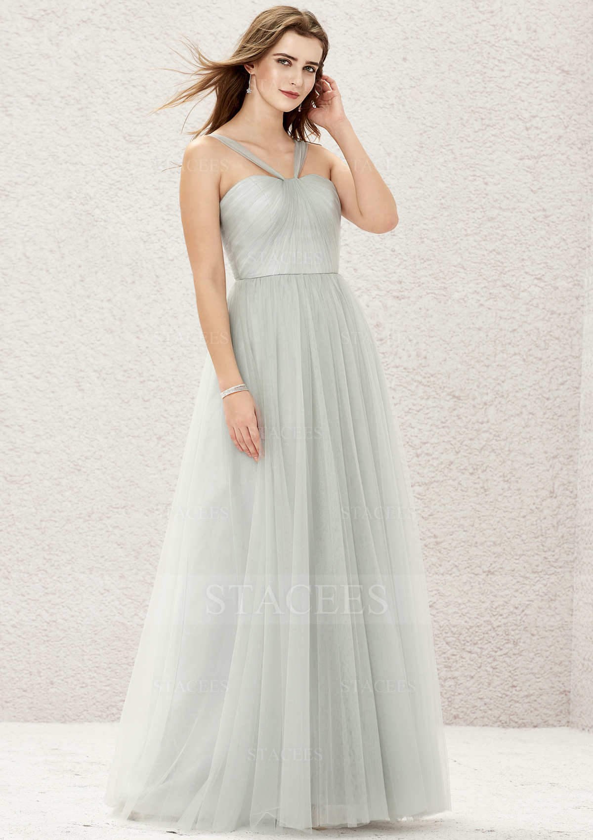 Halter A-line Long/Floor-Length Tulle Satin Bridesmaid Dress With