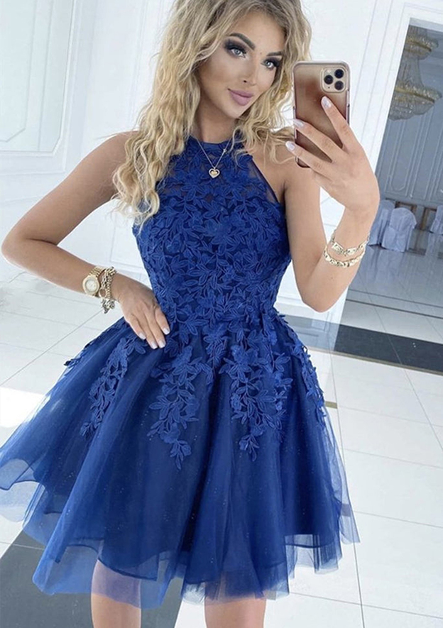 Sexy Tulle Halter A-Line Mini Dresses/ Homecoming Dresses With Lace, HD0269