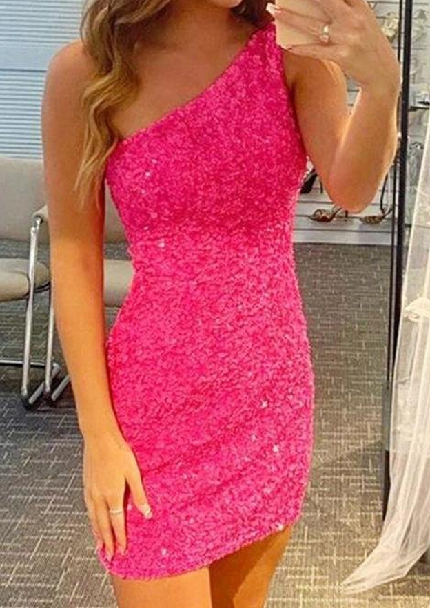 Sheath/Column One-Shoulder Sleeveless Sequined Short/Mini Homecoming Dress