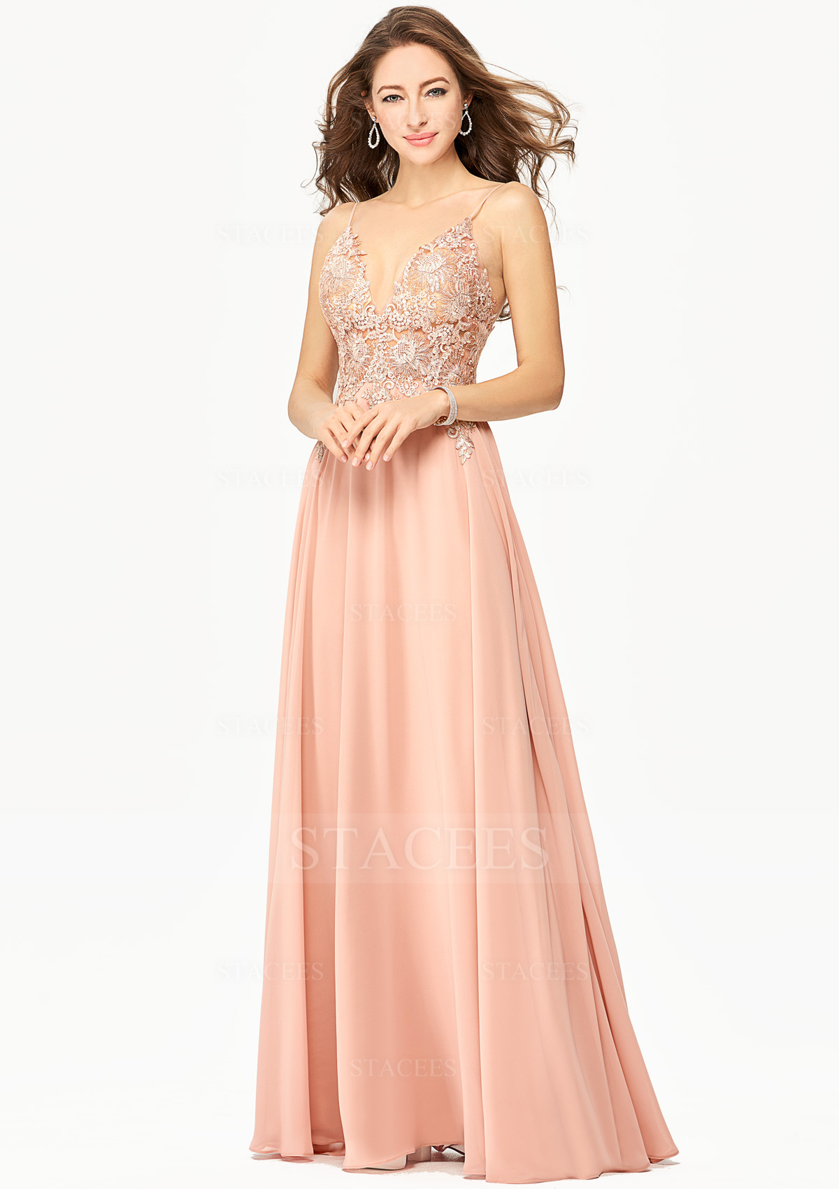 A-line V Neck Sleeveless Chiffon Long/Floor-Length Prom Dress With Sequins  Appliqued