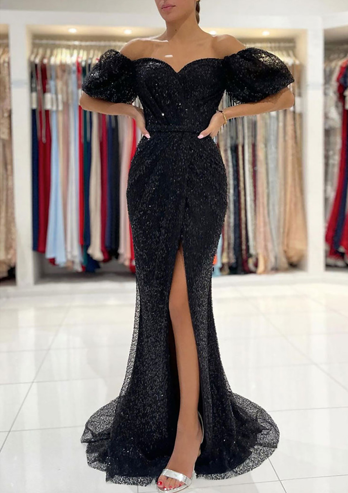 Trumpet/Mermaid Off-the-Shoulder Short Sleeve Sweep Train Metallic Yarn Prom  Dress With Sequins - Prom Dresses - Stacees