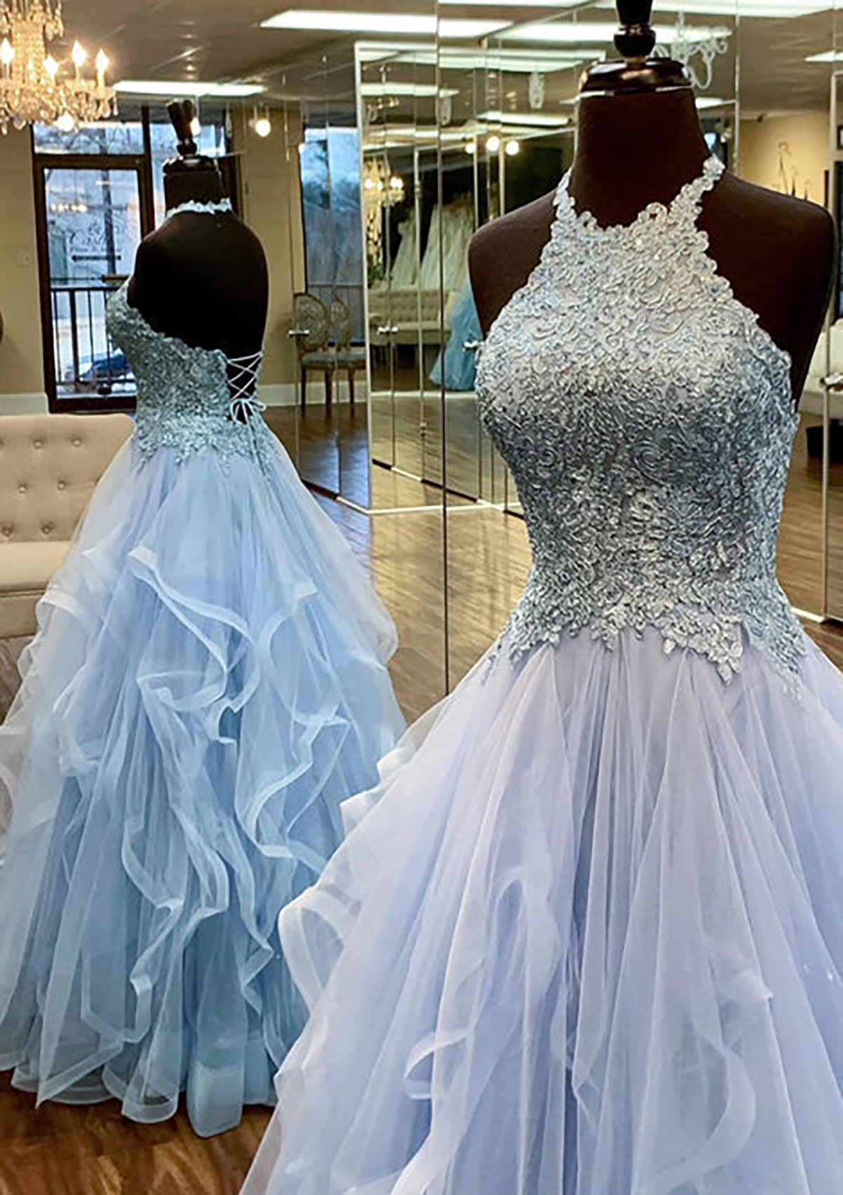 A-line Halter Sleeveless Long/Floor-Length Tulle Prom Dress With Appliqued Ruffles