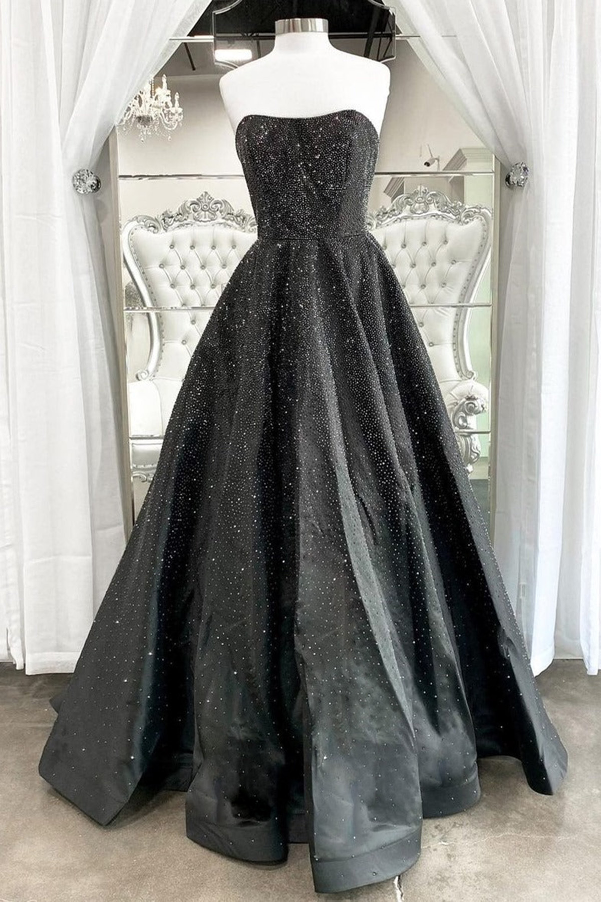 black square neck prom dress Portia and Scarlett Square Neck Sequin Prom Dress PS21028