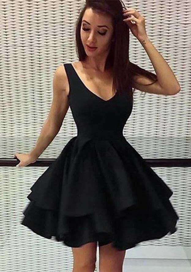 A-line V Neck Short/Mini Satin Homecoming Dress with Ruffles - Homecoming  Dresses - Stacees