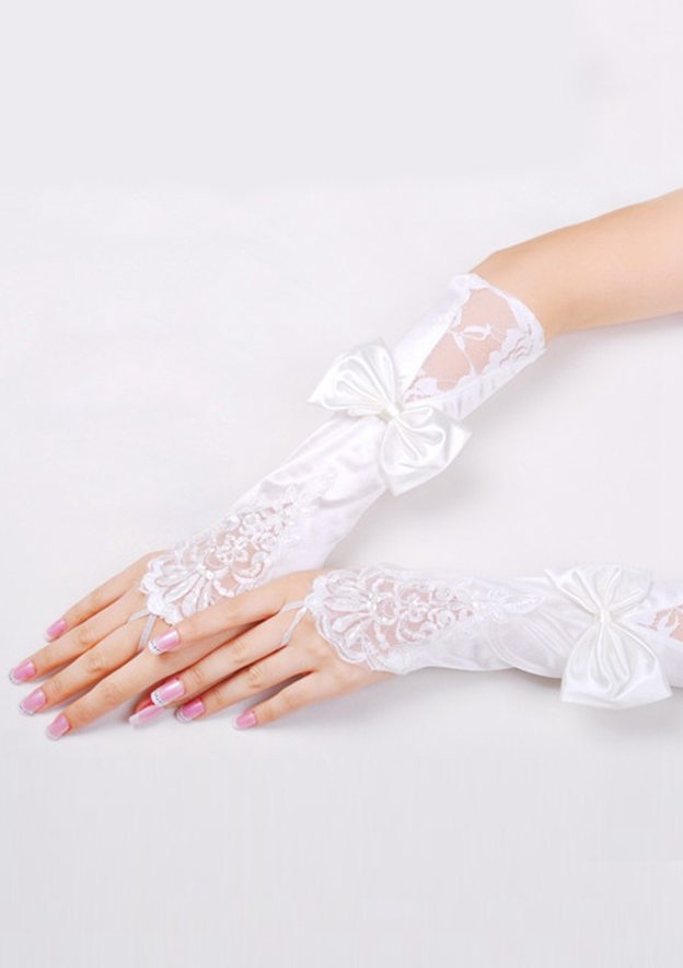 Sweet White Elbow Length Satin With Bowknot Fingerless Bridal