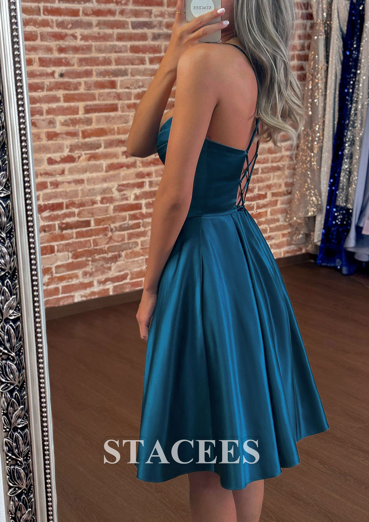 Stacees Ink Blue Homecoming Dress Ainline Cowl Neck Pleated Pockets Stacees Ink Blue Homecoming Dress Ainline Cowl Neck Pleated Pockets