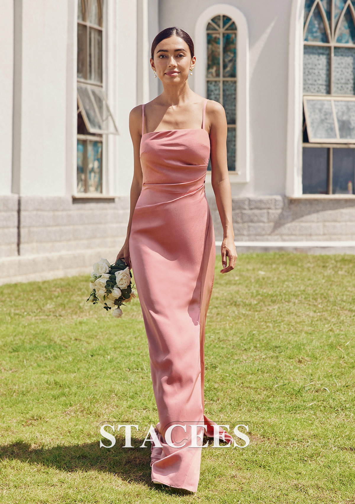 Dusty Rose Bridesmaids Dress Sheath/Column Square Neckline Straps Sleeveless Stretch Satin Bridesmaid Dresses