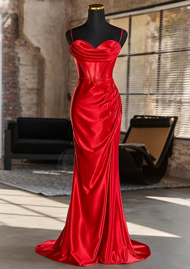 Sheath/Column Sweetheart Sleeveless Sweep Train Silk like Satin Prom ...