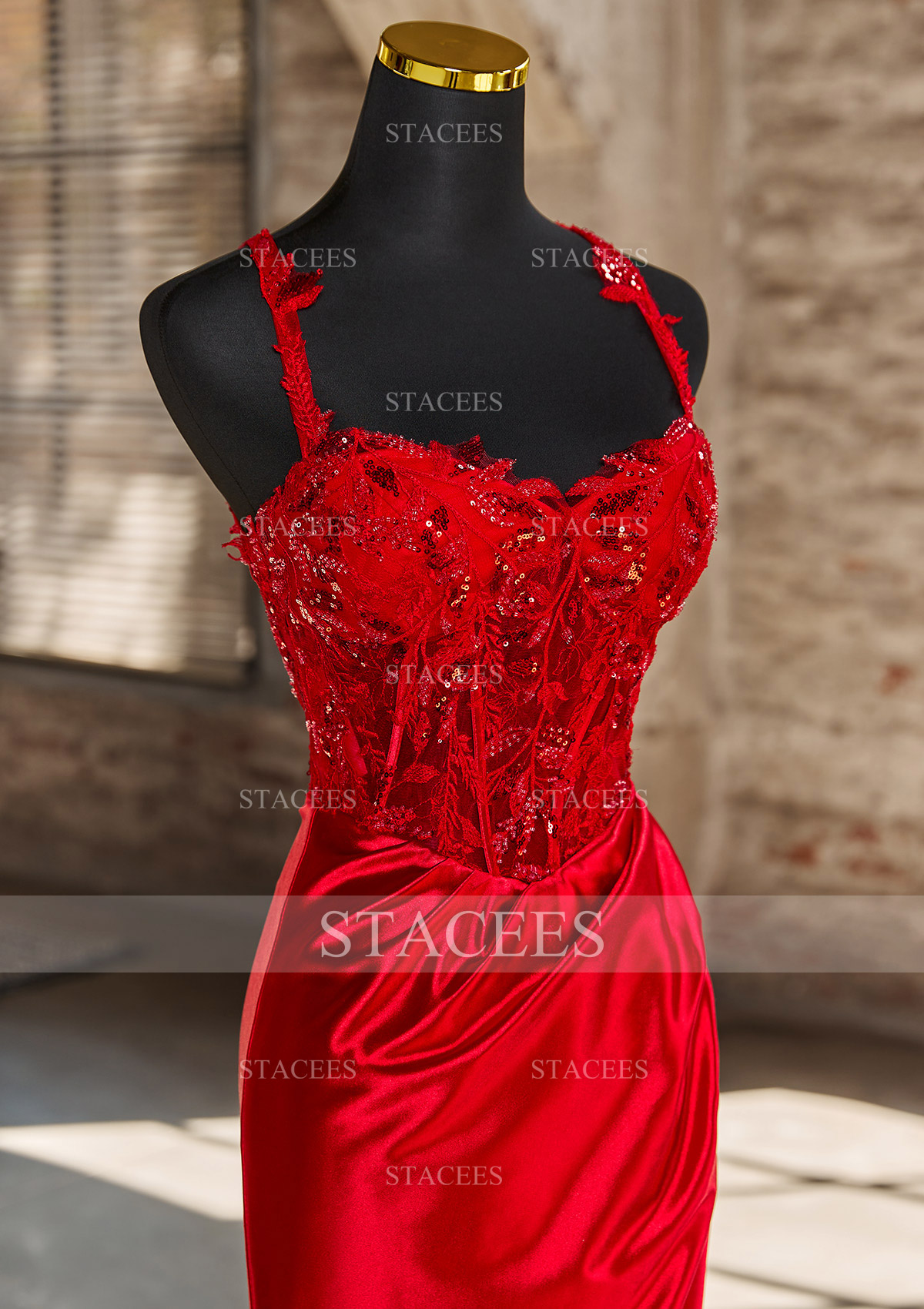 strapless open back dress Brielle - Red Satin Tie Up Back Midi Bodycon Dress