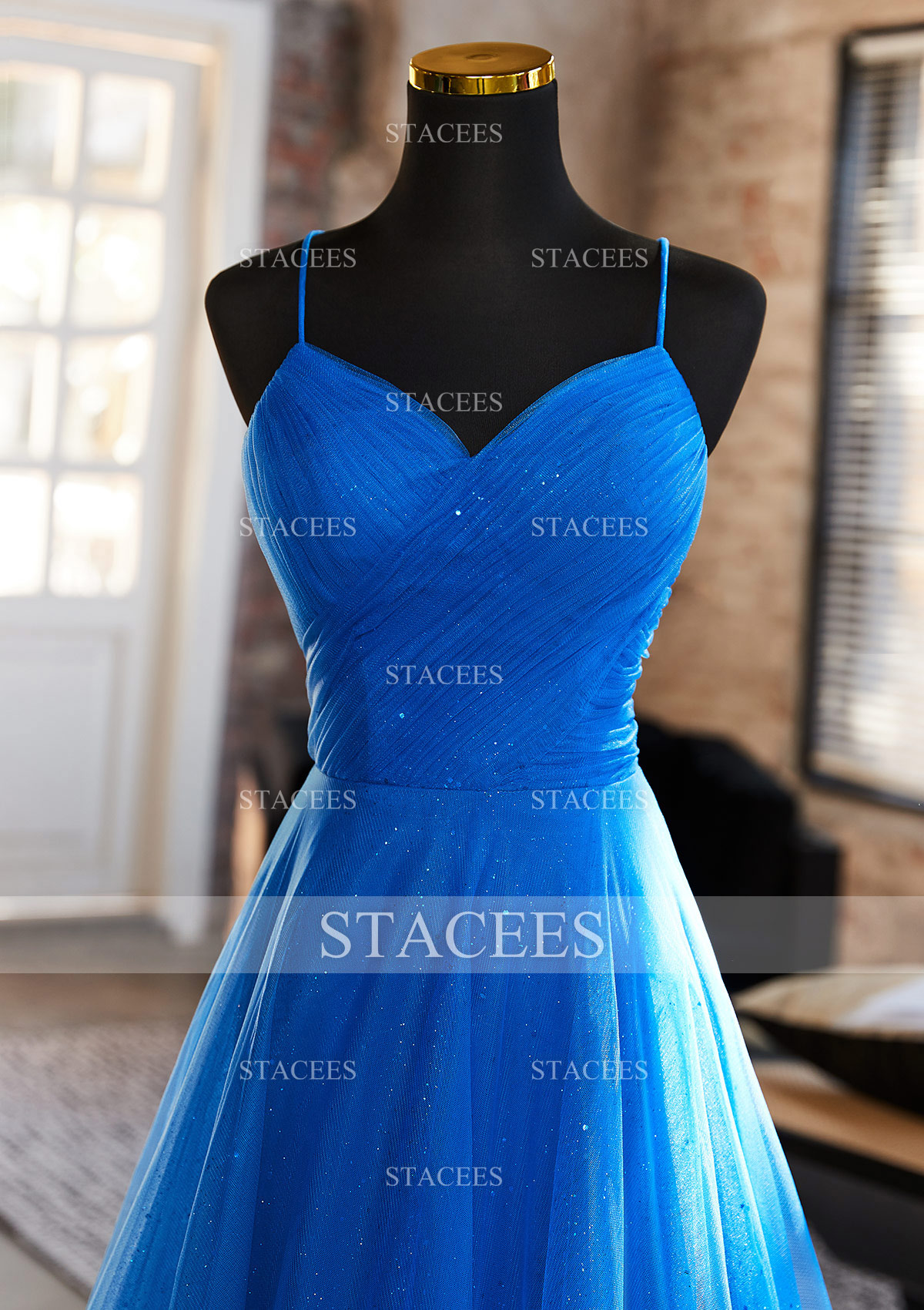 A-line Princess V Neck Sleeveless Floor-Length Tulle Prom Dress with  Glitter Pleated S7901P - Prom Dresses