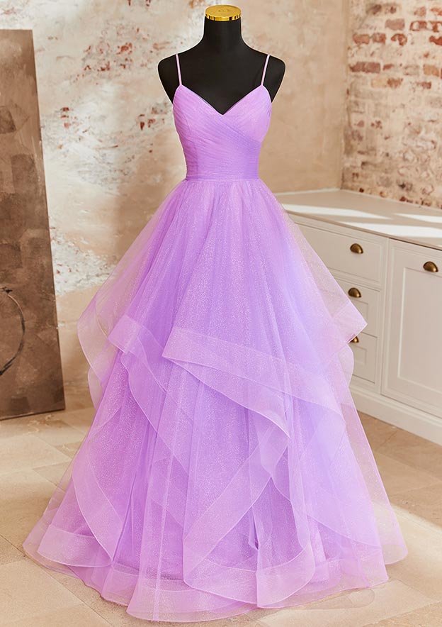 A-line Princess V Neck Sleeveless Floor-Length Tulle Prom