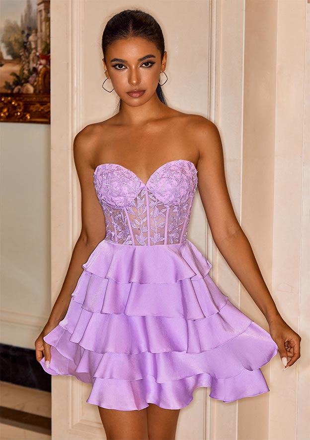 A-line Strapless Leaf Lace Sheer Corset Homecoming Dress with Tiered Ruffles