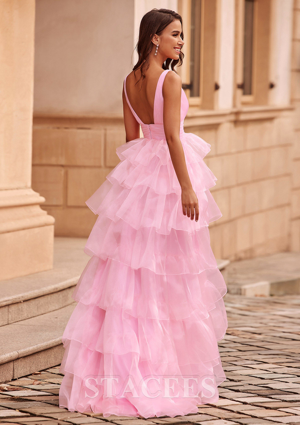 Aline Princess V Neck Organza Sweep Train Prom Dress with Pleated