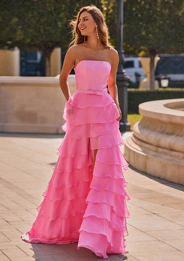 A-line Square Neckline Chiffon Sweep Train Prom Dress with