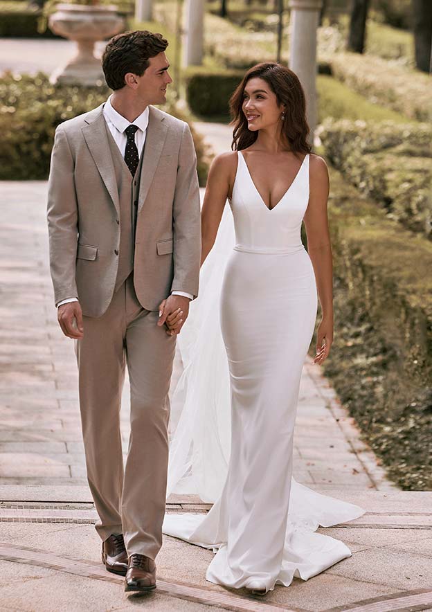 Trumpet/Mermaid V Neck Elastic Satin Court Train Wedding