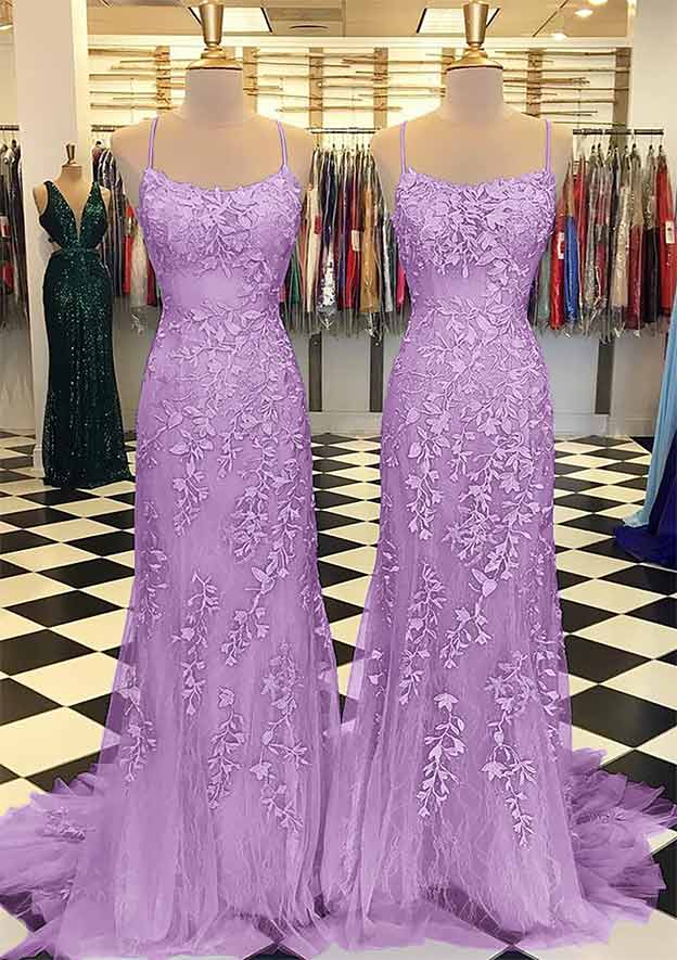 Trumpet/Mermaid Scoop Neck Sleeveless Sweep Train Lace Prom Dress With Crystal