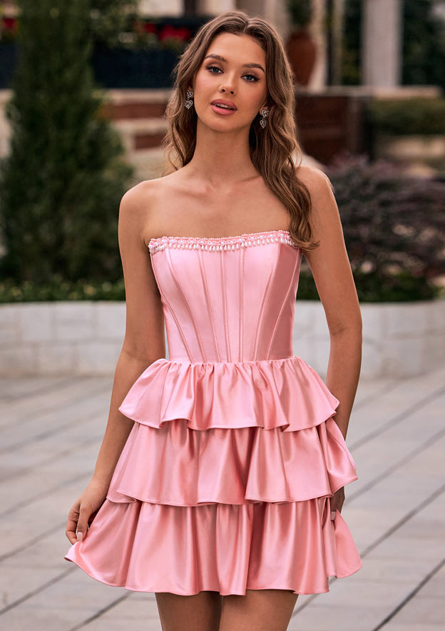 Beautiful White Rose Jacquard Strapless Square Neck A-Line Homecoming Dress P3656 main image 0