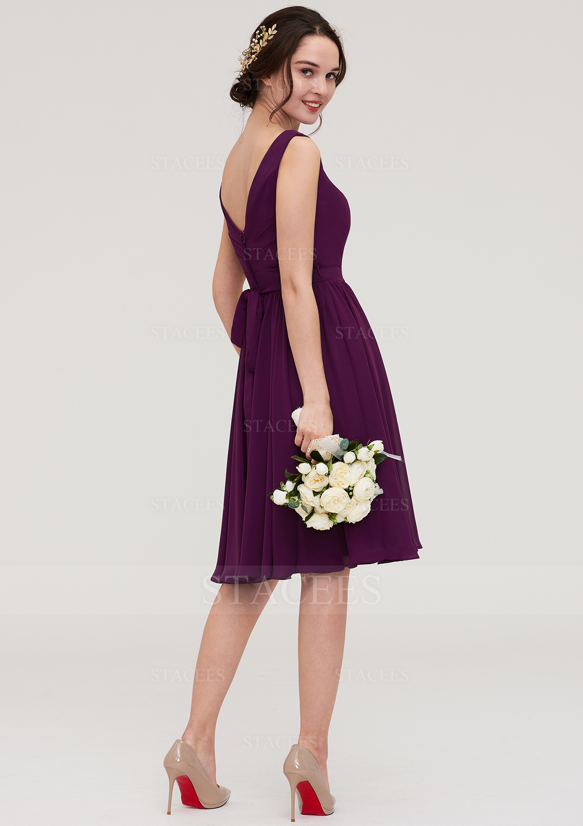 knee length dress formal Dark Purple Off Shoulder Knee Length Homecoming Dress , Lovely Formal main image 0