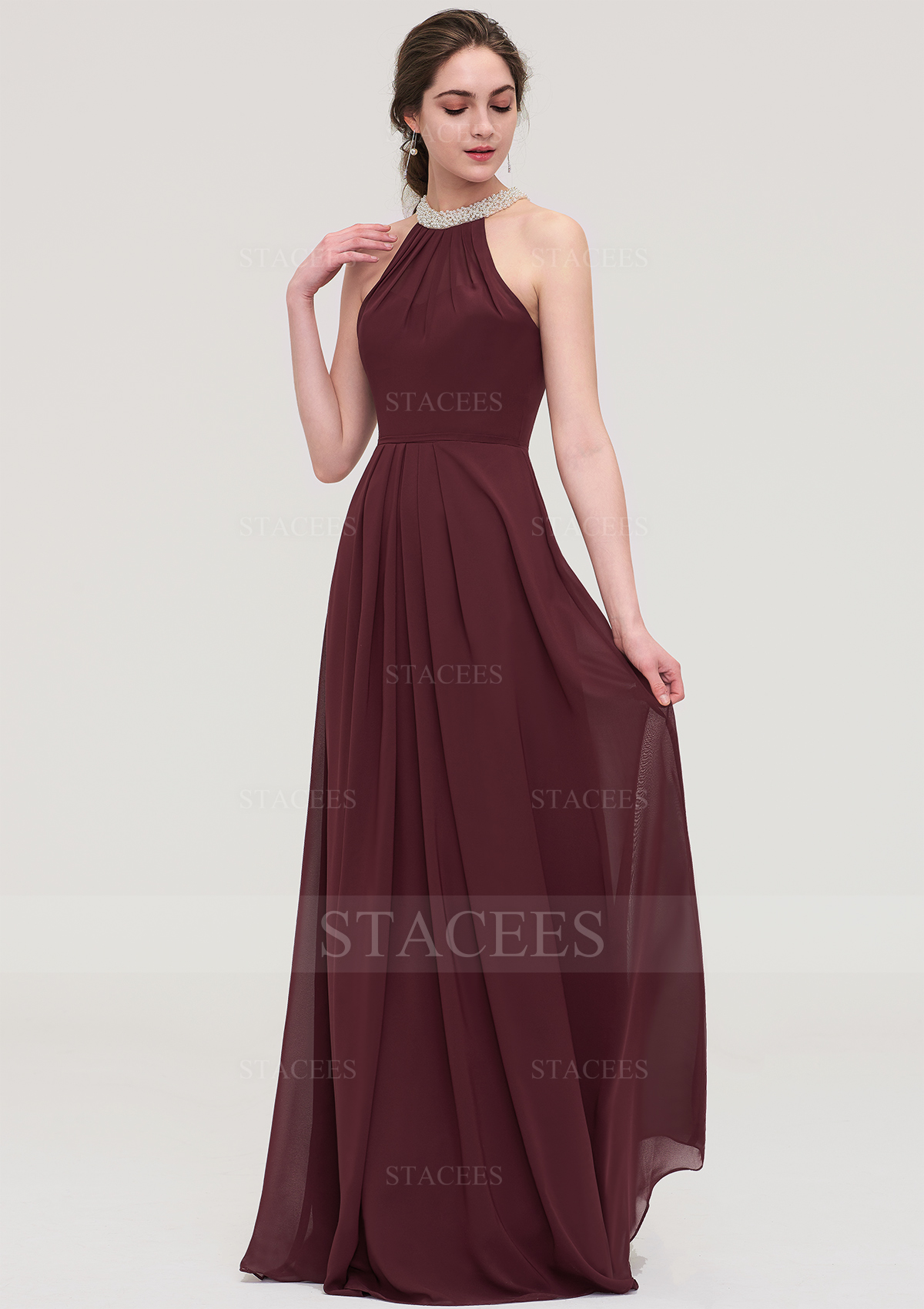 Robe trapèze scoop mousseline longueur ras du sol robe de demoiselle d'honneur avec perle plissé
