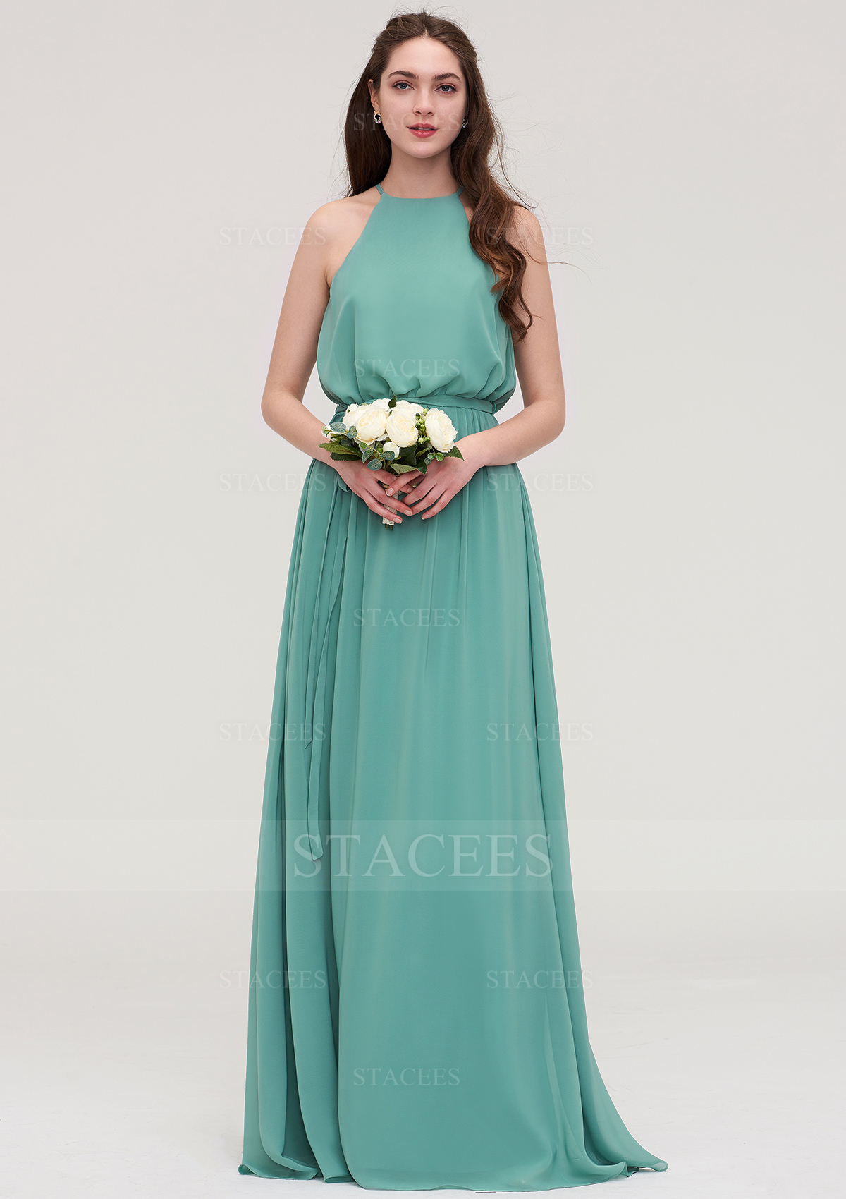 Chiffon Bridesmaid Dress A-line/Princess High-Neck Sleeveless Long/Floor-Length With Sashes 