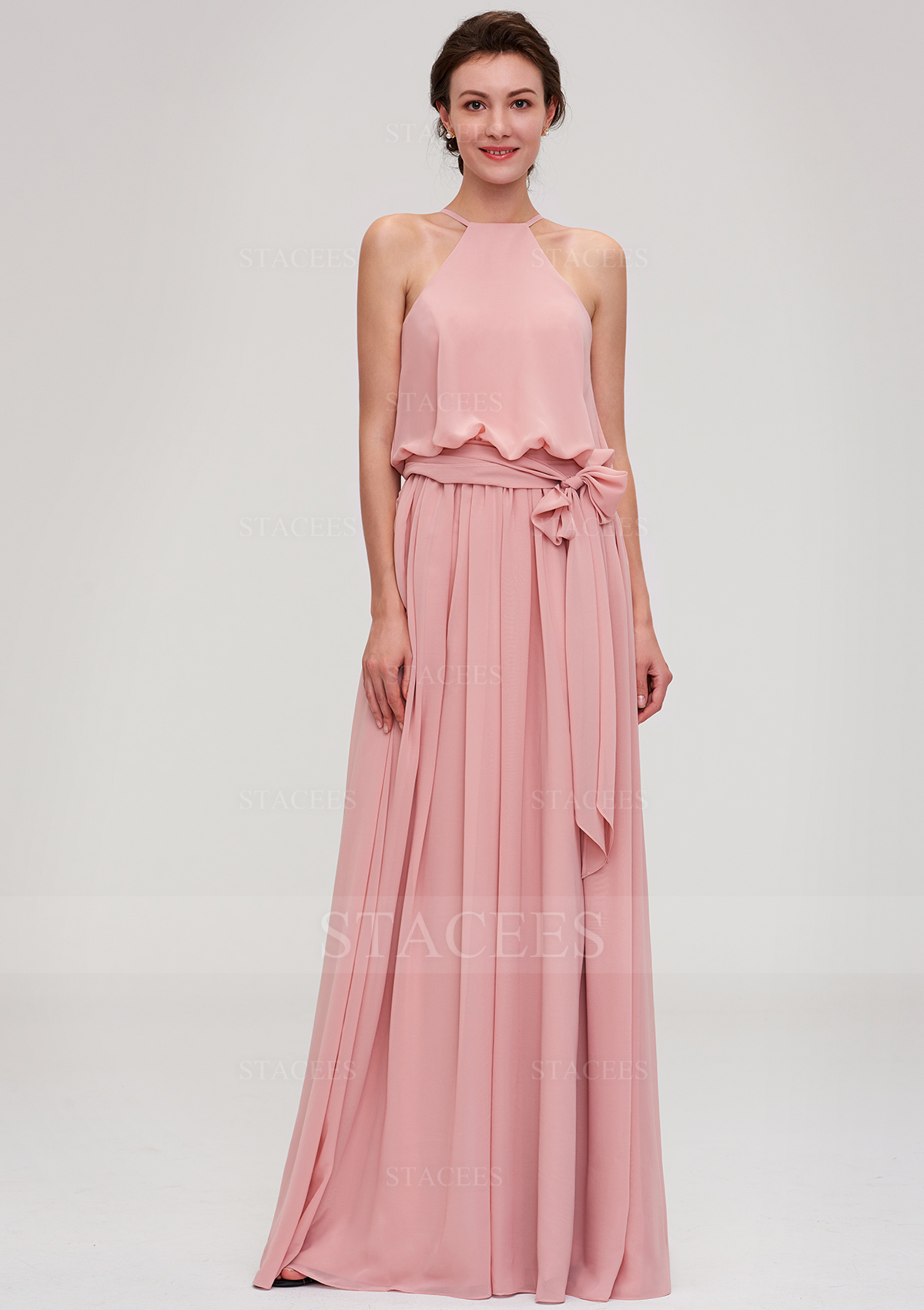 A-line/Princess Scoop Neck Sleeveless Long/Floor-Length Chiffon Bridesmaid  Dresses With Pleated Sashes