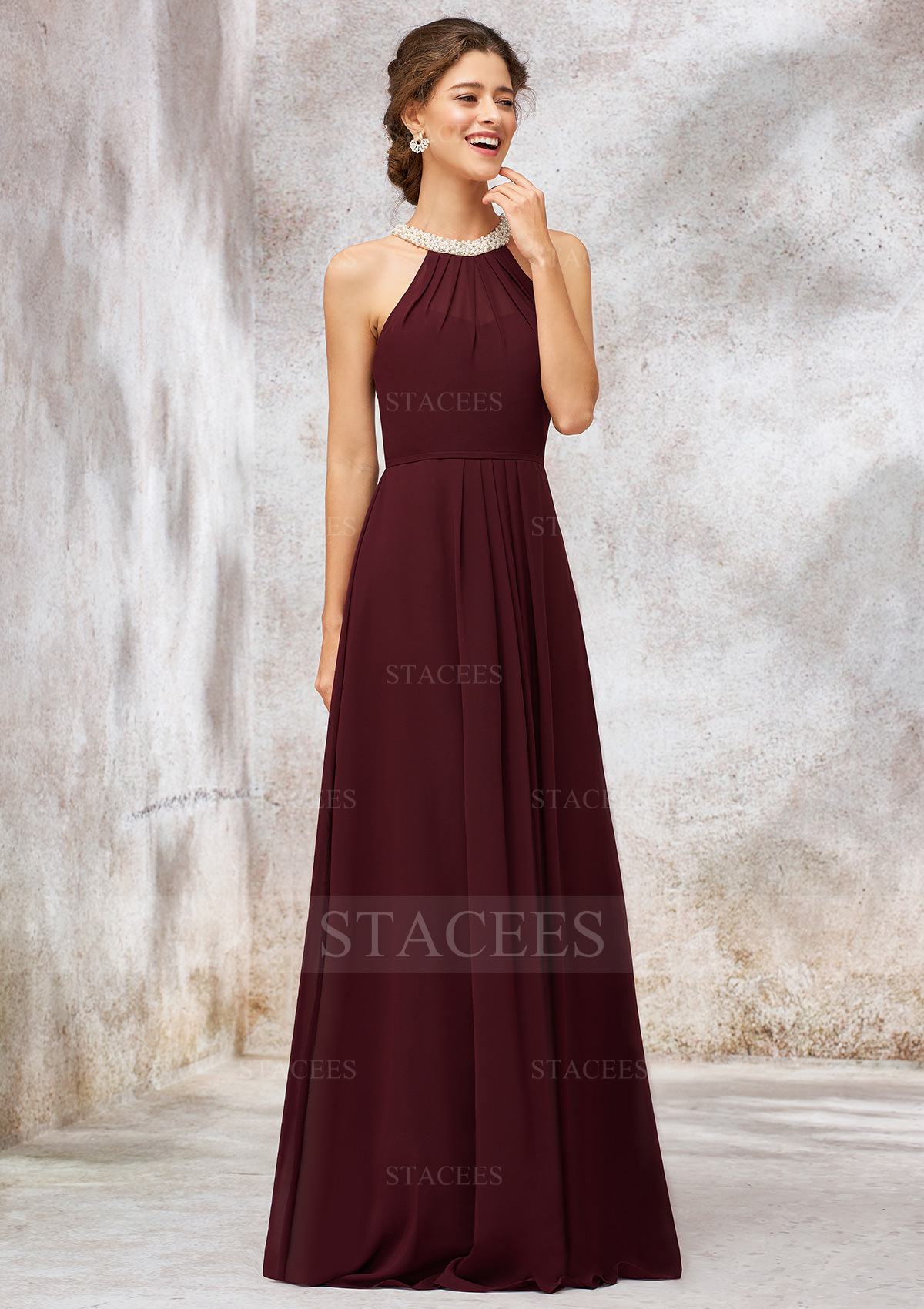 a-line scoop floor-length chiffon bridesmaid dress Cabernet Bridesmaid Dresses Plus Size for Women Chiffon A-Line Scoop Neck Sleeveless Long Formal Evening Gowns with Split Side, Cabernet main image 0