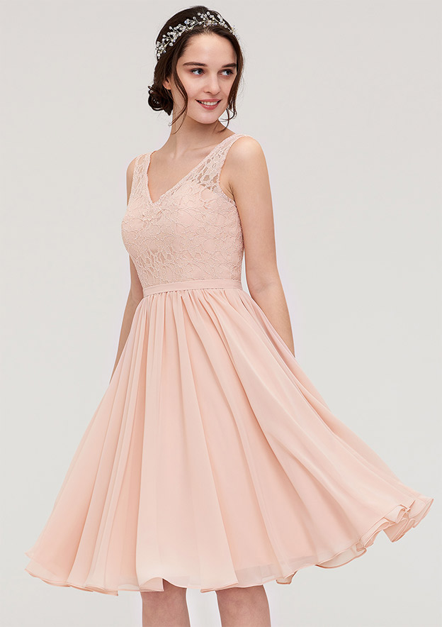 Sleeveless V Neck A-line/Princess Chiffon Knee-Length Bridesmaid