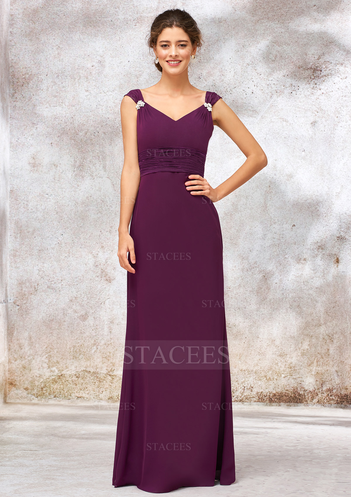 Chiffon Bridesmaid Dress Sheath/Column Sleeveless Long/Floor-Length With Sashes Pleated Beading